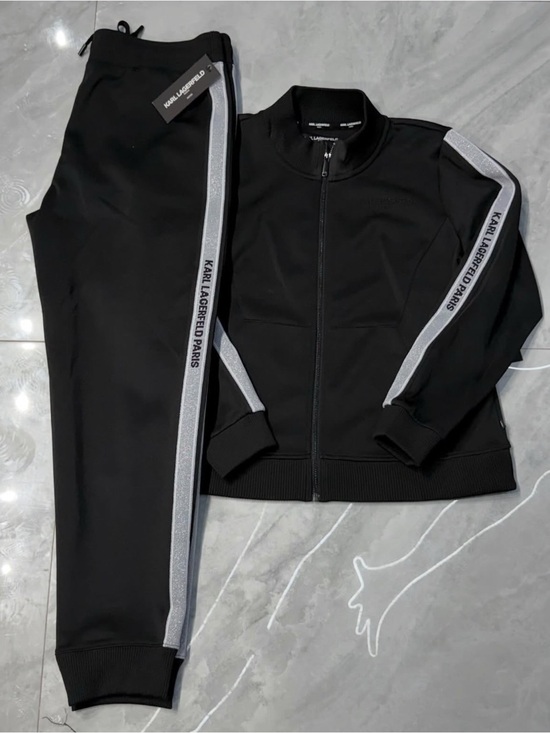 Karl Lagerfeld Jackets & Blazers - Karl Lagerfeld Black Track Jacket with Silver Side Stripes and matching pants